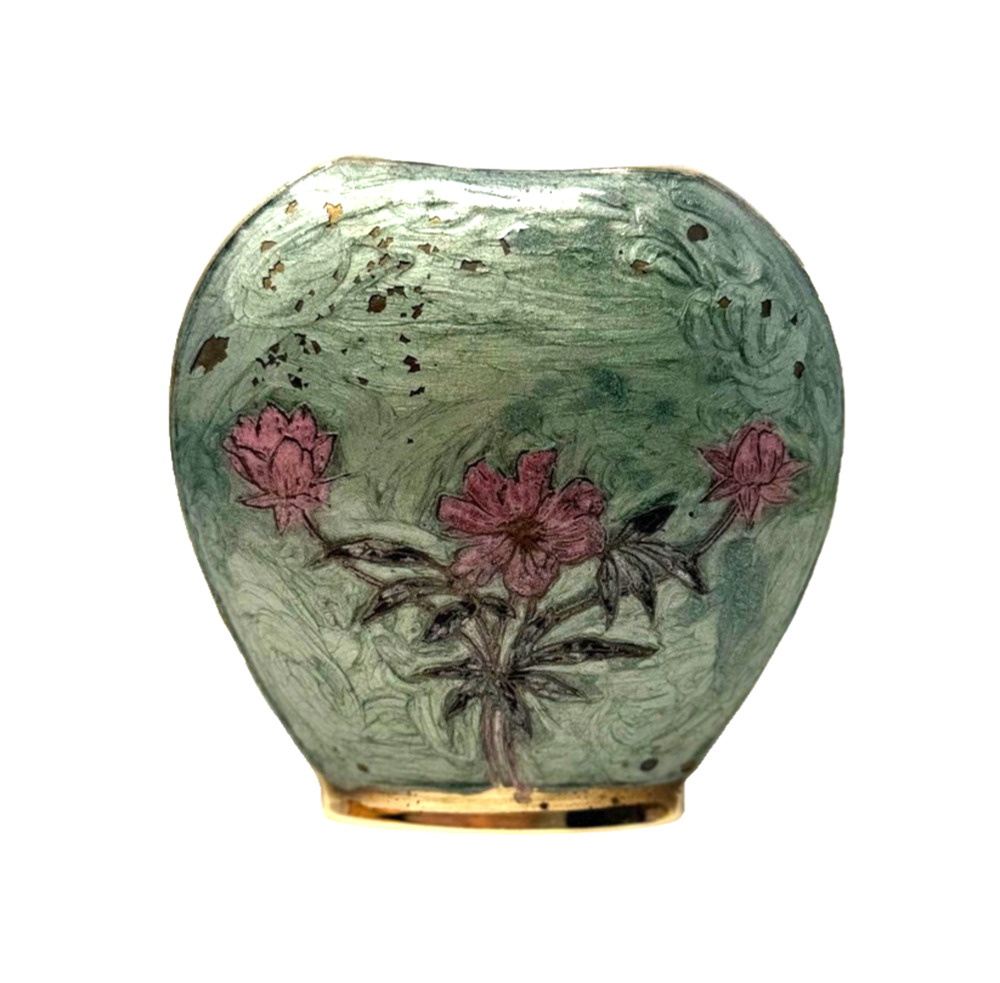 Vintage Brass Enameled Floral Bud Vase Green Hand Painted Pink Flowers